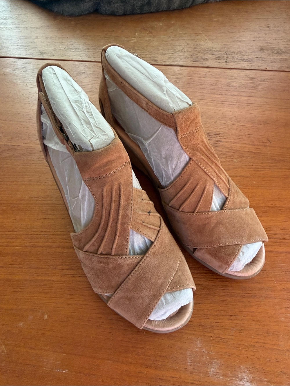 Earth Tan Suede Peep-Toe Wedge Mules